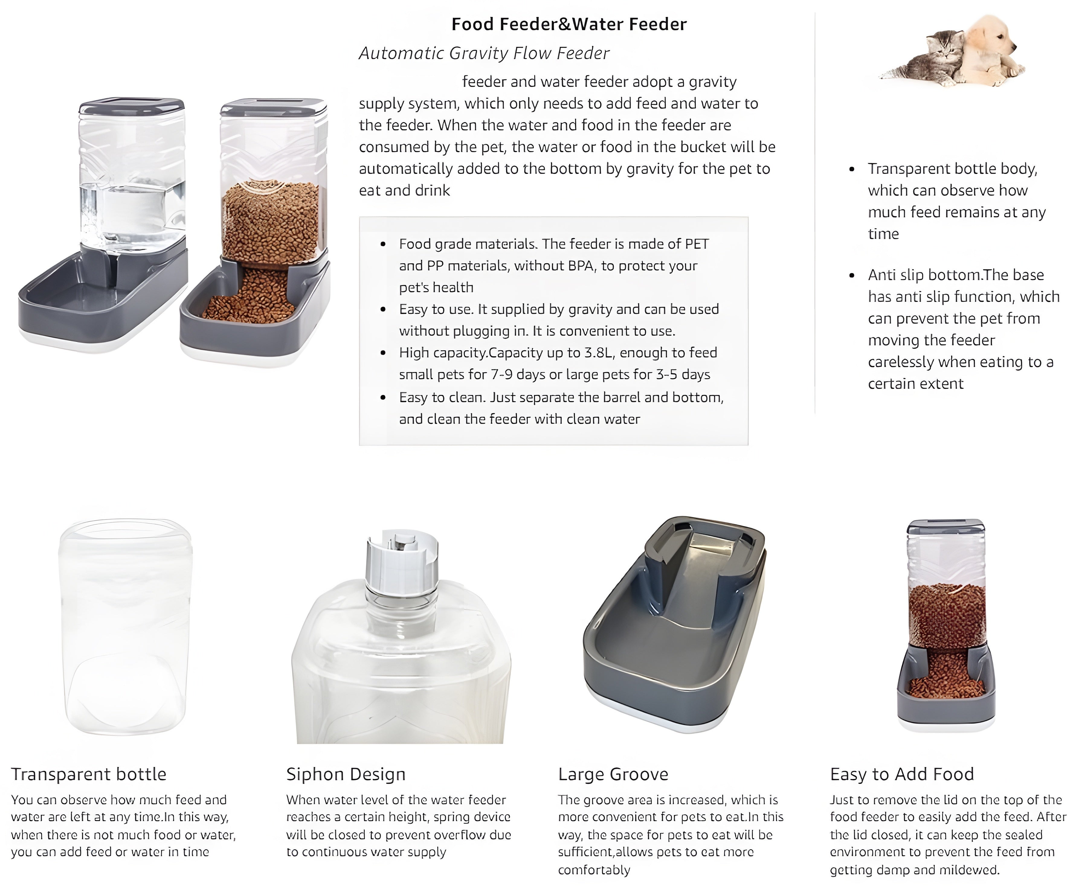 1pc/2pcs Large 3.8L Gravity Pet Feeder and Water Dispenser Set - E