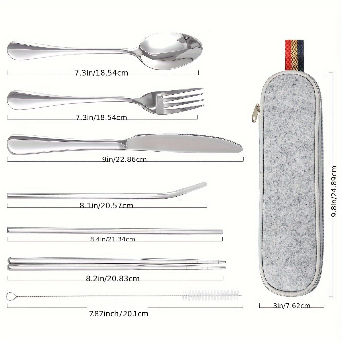 Portable Cutlery Set, 8pcs Travel Camping Utensil Kit with Fork, Spoon, Chopsticks, Cleaning Brush, Straw, and Carrying Case, Stainless Steel Cutlery Set