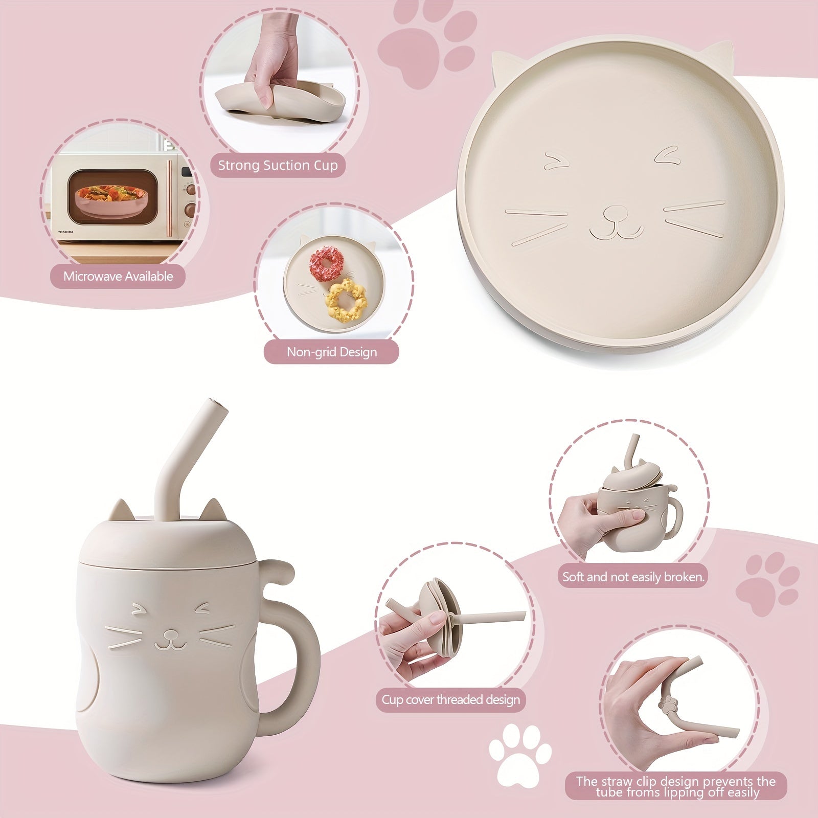 Baby Feeding Set Silicone Feeding Set Shallow Tray Kitten Design Baby Silicone Tablewar