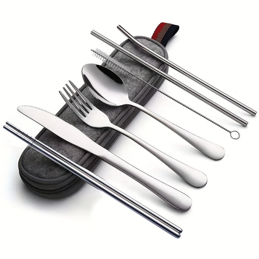 Portable Cutlery Set, 8pcs Travel Camping Utensil Kit with Fork, Spoon, Chopsticks, Cleaning Brush, Straw, and Carrying Case, Stainless Steel Cutlery Set