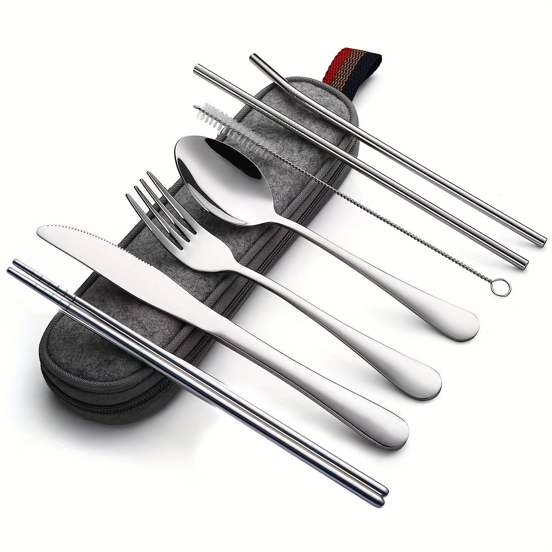 Portable Cutlery Set, 8pcs Travel Camping Utensil Kit with Fork, Spoon, Chopsticks, Cleaning Brush, Straw, and Carrying Case, Stainless Steel Cutlery Set