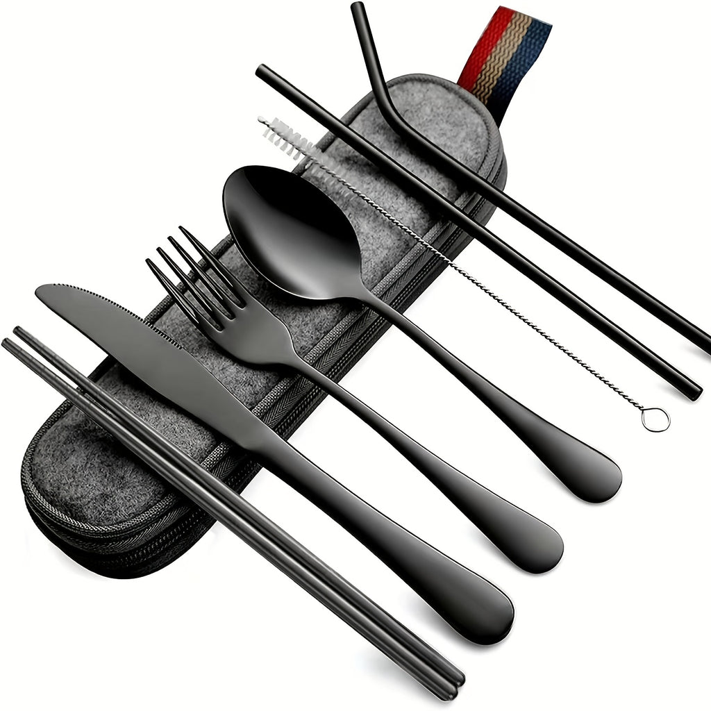 Portable Cutlery Set, 8pcs Travel Camping Utensil Kit with Fork, Spoon, Chopsticks, Cleaning Brush, Straw, and Carrying Case, Stainless Steel Cutlery Set
