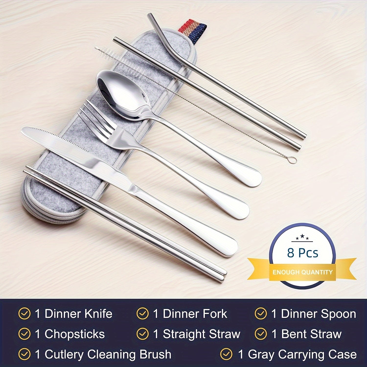 Portable Cutlery Set, 8pcs Travel Camping Utensil Kit with Fork, Spoon, Chopsticks, Cleaning Brush, Straw, and Carrying Case, Stainless Steel Cutlery Set