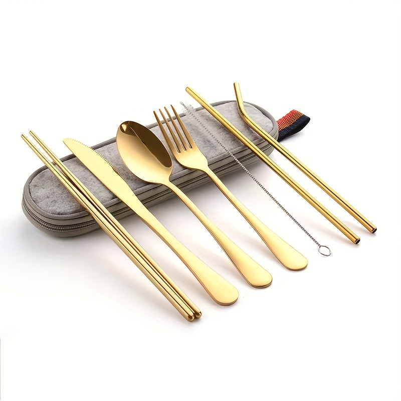 Portable Cutlery Set, 8pcs Travel Camping Utensil Kit with Fork, Spoon, Chopsticks, Cleaning Brush, Straw, and Carrying Case, Stainless Steel Cutlery Set