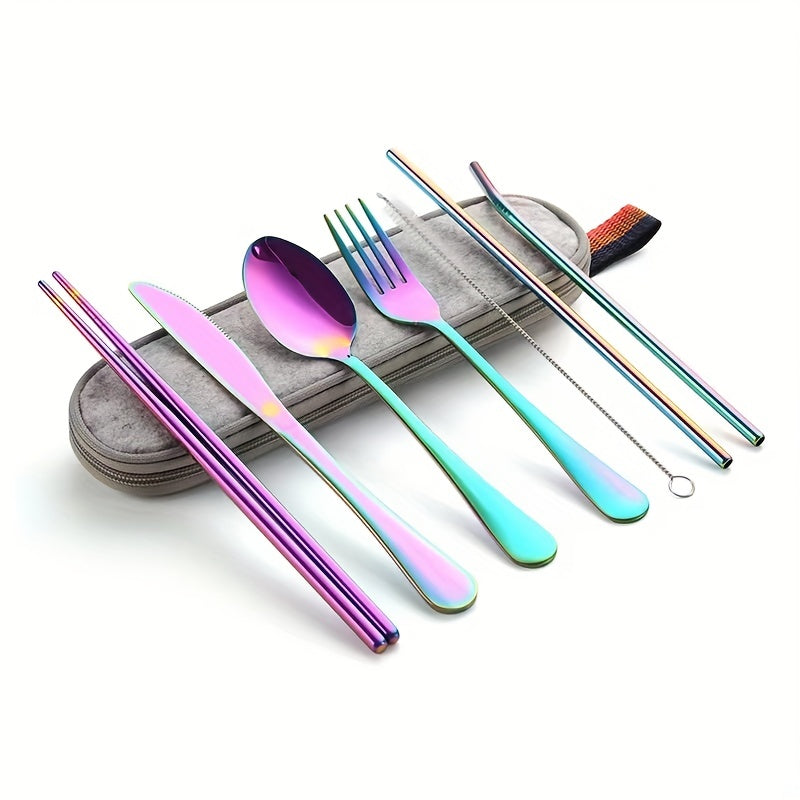 Portable Cutlery Set, 8pcs Travel Camping Utensil Kit with Fork, Spoon, Chopsticks, Cleaning Brush, Straw, and Carrying Case, Stainless Steel Cutlery Set