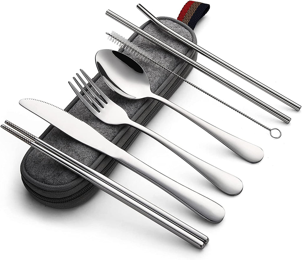Portable Cutlery Set, 8pcs Travel Camping Utensil Kit with Fork, Spoon, Chopsticks, Cleaning Brush, Straw, and Carrying Case, Stainless Steel Cutlery Set
