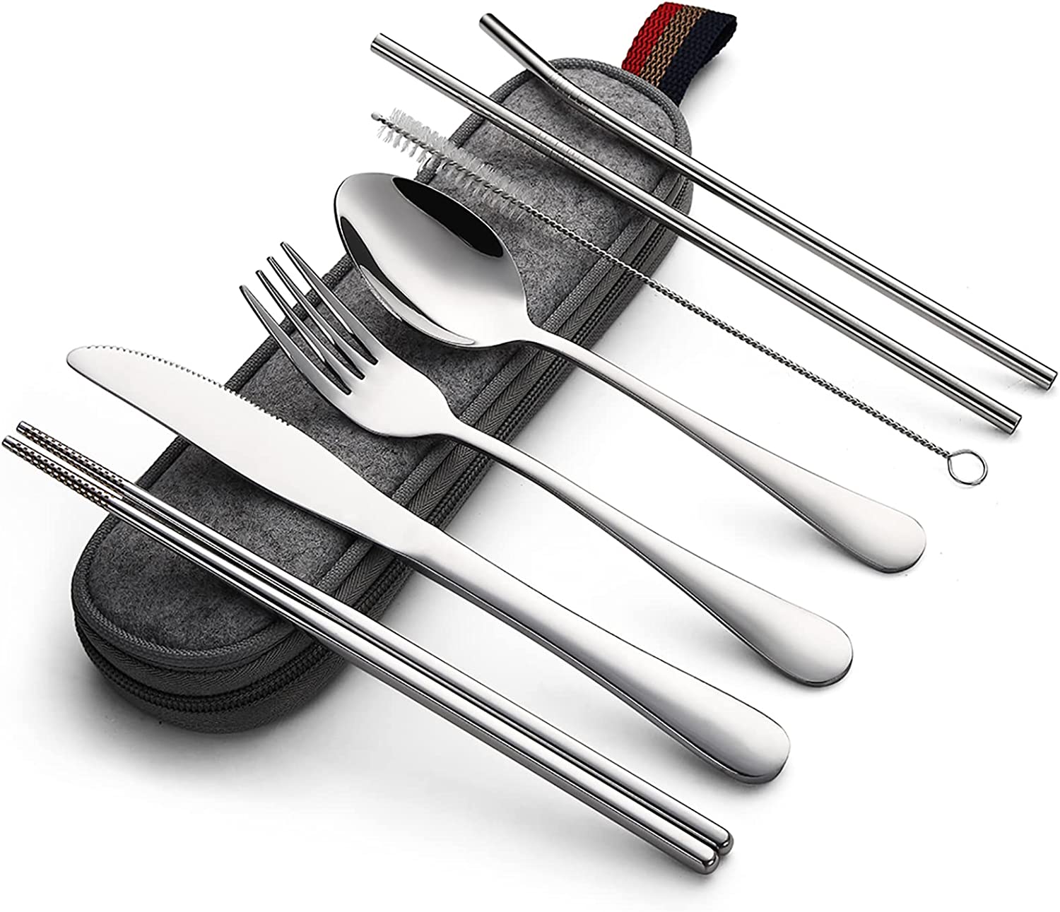 Portable Cutlery Set, 8pcs Travel Camping Utensil Kit with Fork, Spoon, Chopsticks, Cleaning Brush, Straw, and Carrying Case, Stainless Steel Cutlery Set