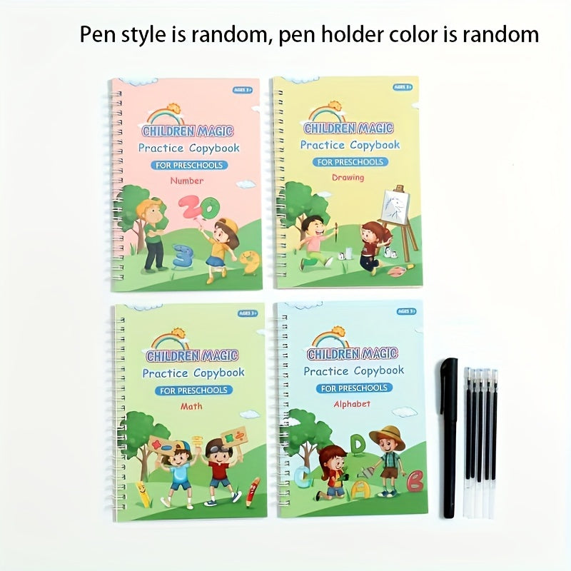 4 Books + 1 Pen + 5 Refills + 1 Pen Holder, Writing Practice Book, Exercise Book, Magic Word Book, Preschool Education Workbook