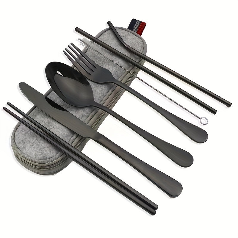 Portable Cutlery Set, 8pcs Travel Camping Utensil Kit with Fork, Spoon, Chopsticks, Cleaning Brush, Straw, and Carrying Case, Stainless Steel Cutlery Set