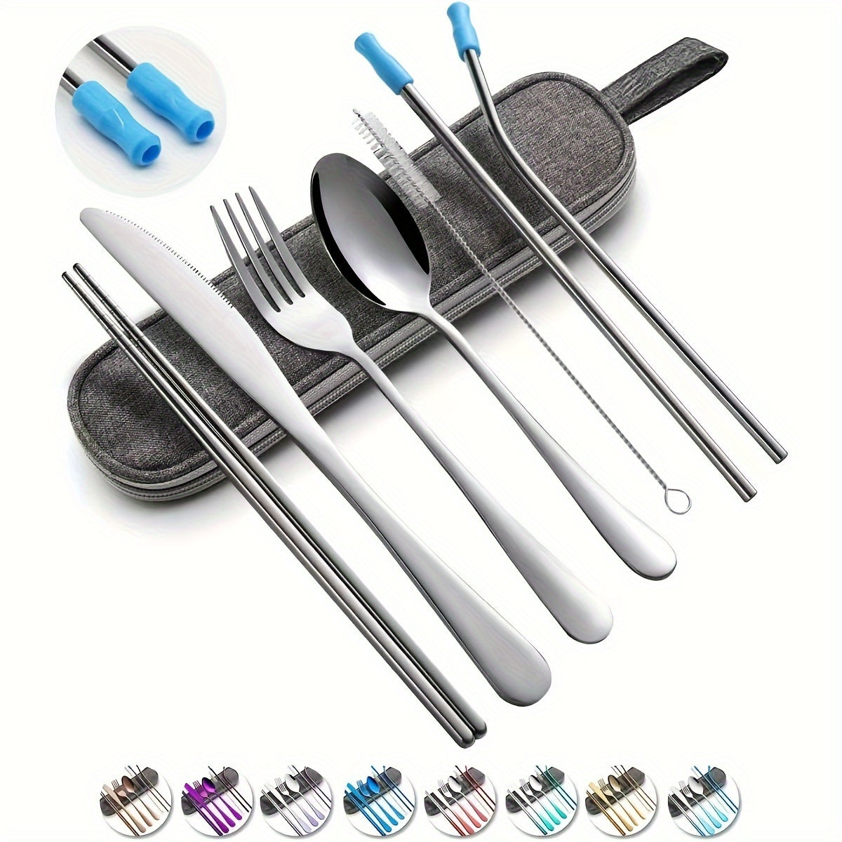 Portable Cutlery Set, 8pcs Travel Camping Utensil Kit with Fork, Spoon, Chopsticks, Cleaning Brush, Straw, and Carrying Case, Stainless Steel Cutlery Set
