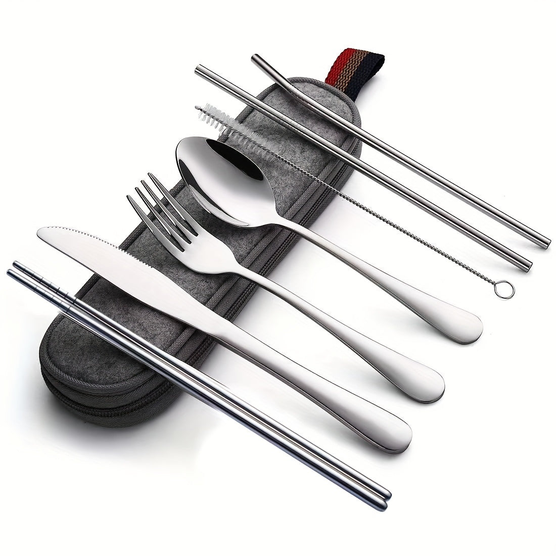 Portable Cutlery Set, 8pcs Travel Camping Utensil Kit with Fork, Spoon, Chopsticks, Cleaning Brush, Straw, and Carrying Case, Stainless Steel Cutlery Set