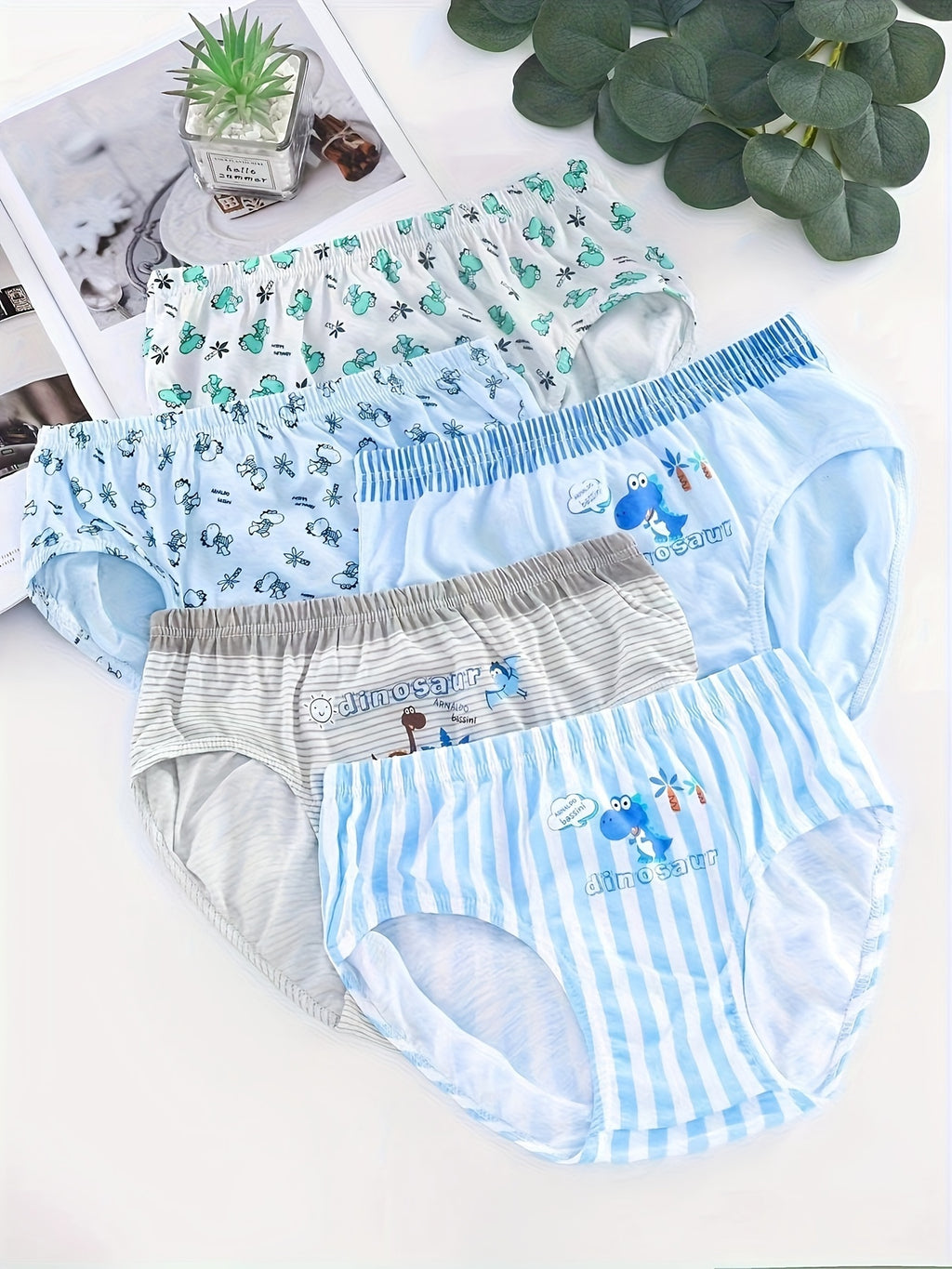 5pcs Boys Dinosaur Paradise Print Boxer Briefs Soft Cotton Comfortable Underwear