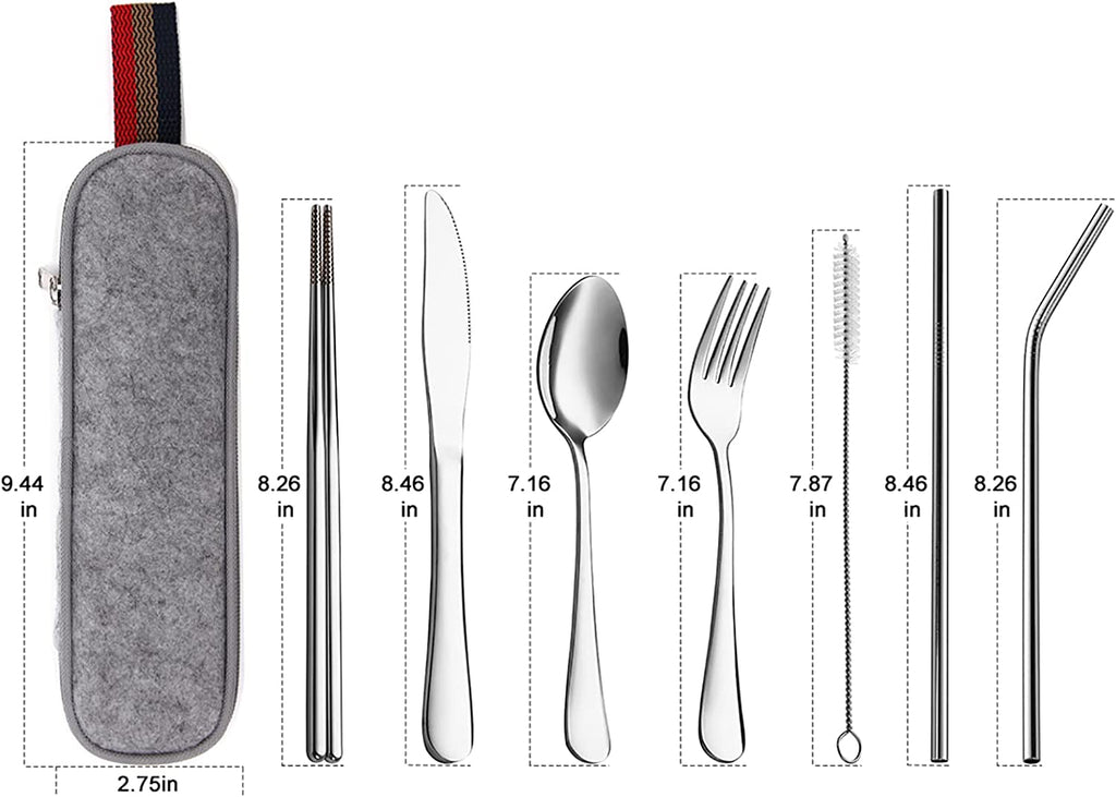 Portable Cutlery Set, 8pcs Travel Camping Utensil Kit with Fork, Spoon, Chopsticks, Cleaning Brush, Straw, and Carrying Case, Stainless Steel Cutlery Set