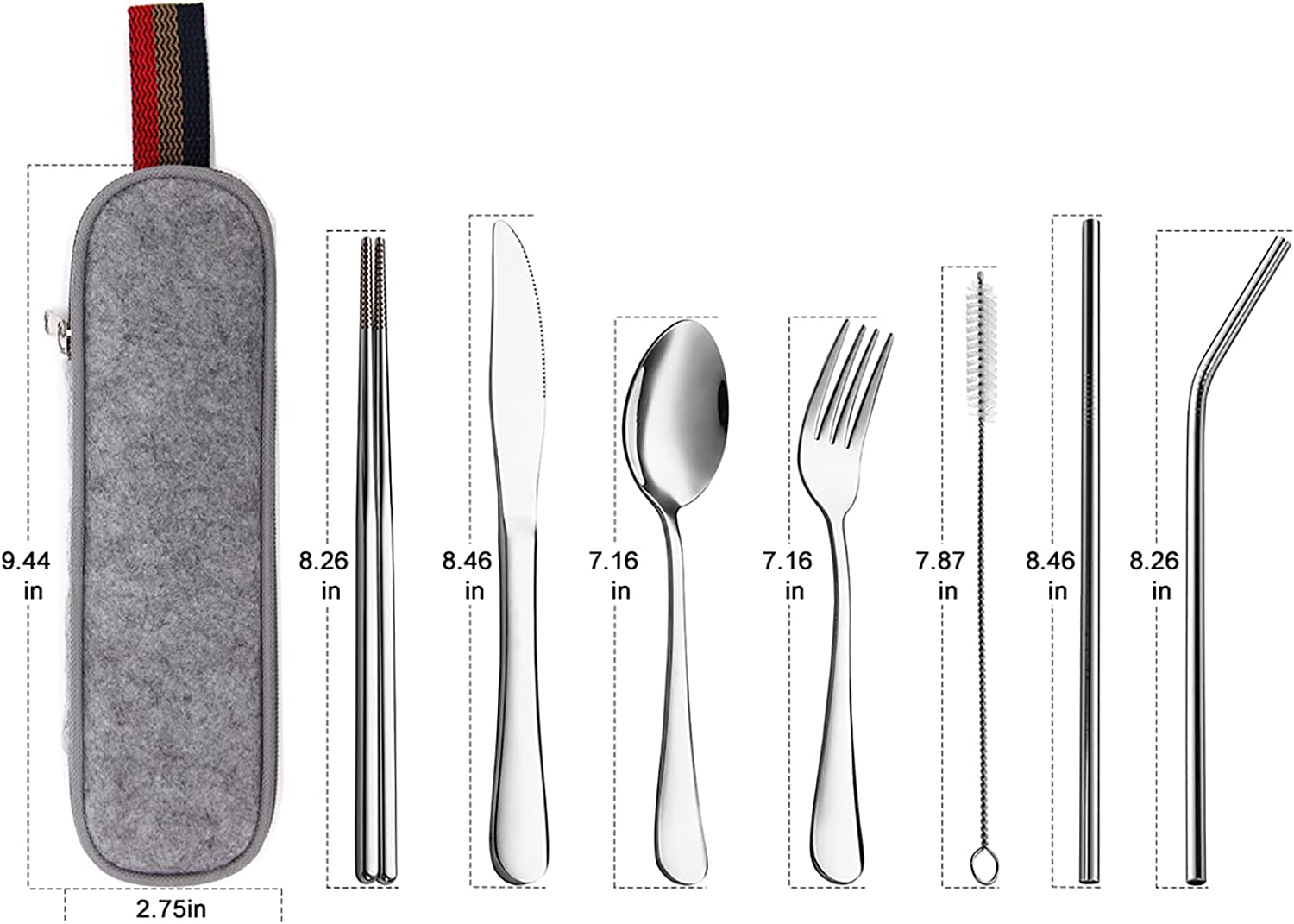 Portable Cutlery Set, 8pcs Travel Camping Utensil Kit with Fork, Spoon, Chopsticks, Cleaning Brush, Straw, and Carrying Case, Stainless Steel Cutlery Set