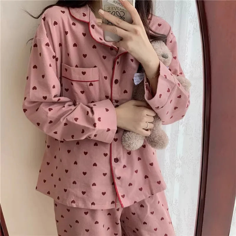 2 Piece Set Large Size Nightwear Women Autumn and Winter Cardigan Homewear Ladies Peach Heart Long Sleeves School Sleepwear