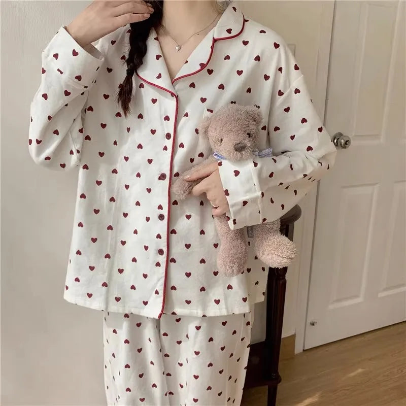 2 Piece Set Large Size Nightwear Women Autumn and Winter Cardigan Homewear Ladies Peach Heart Long Sleeves School Sleepwear