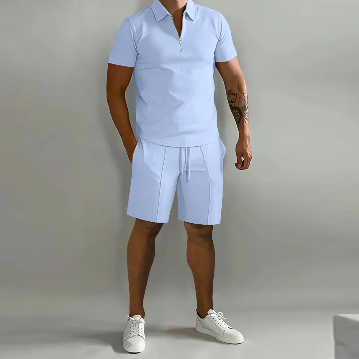 Summer New style Men's Fashion Trend Fitness Sports Loose Short Sleeve Shorts Suit Men's Casual Solid Color POLO Shirt