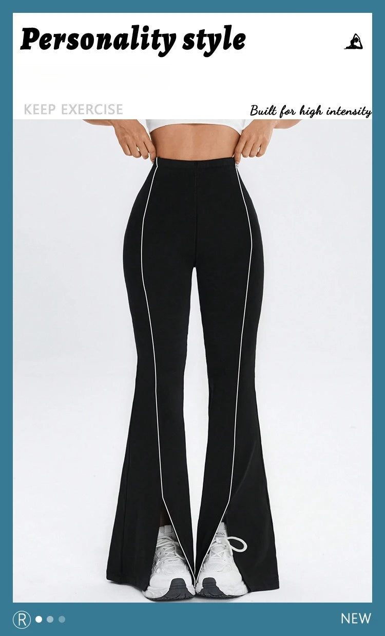 Line splicing simple flared pants for women slim split pants high elasticity hip lifting high waist running fitness yoga pants
