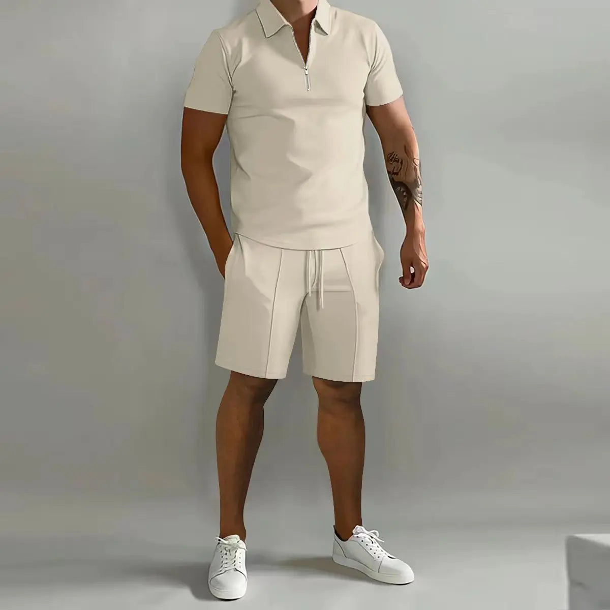 Summer New style Men's Fashion Trend Fitness Sports Loose Short Sleeve Shorts Suit Men's Casual Solid Color POLO Shirt