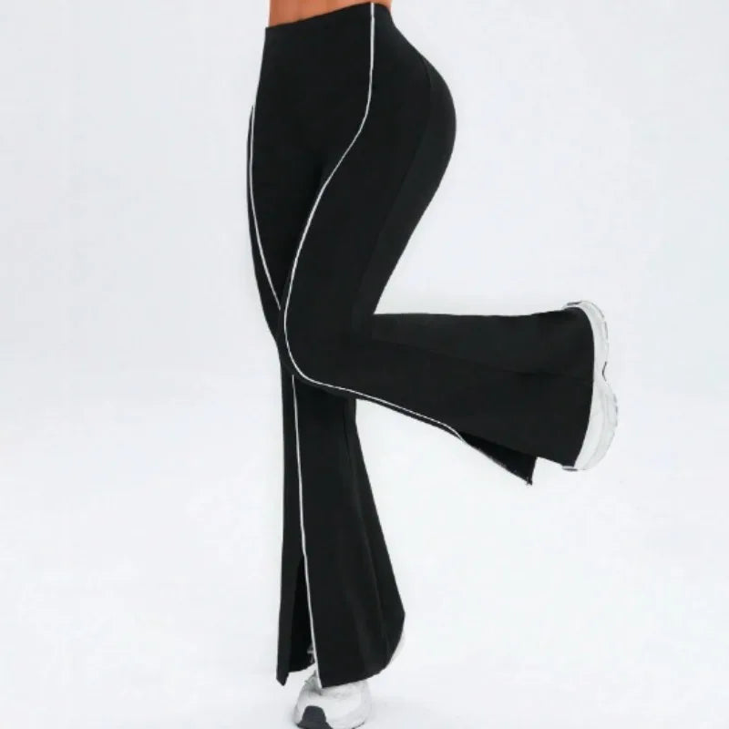 Line splicing simple flared pants for women slim split pants high elasticity hip lifting high waist running fitness yoga pants