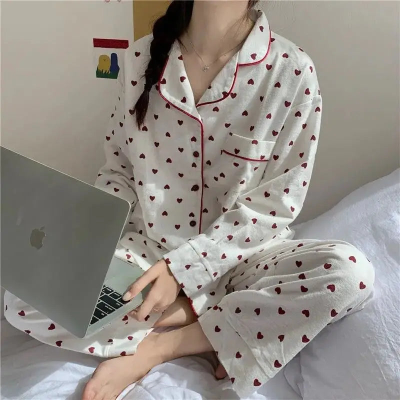 2 Piece Set Large Size Nightwear Women Autumn and Winter Cardigan Homewear Ladies Peach Heart Long Sleeves School Sleepwear