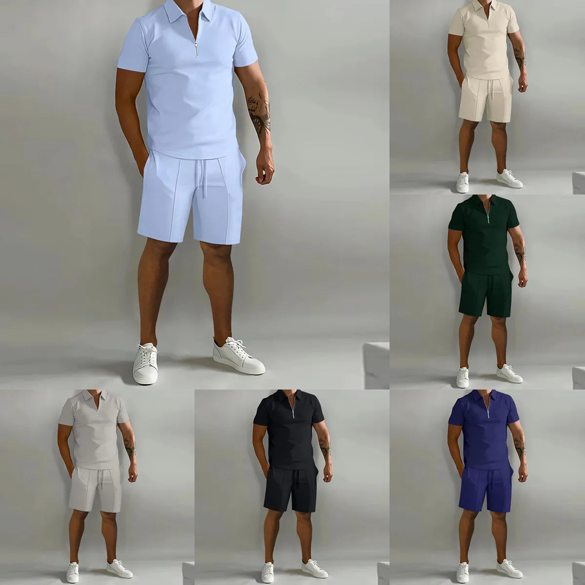 Summer New style Men's Fashion Trend Fitness Sports Loose Short Sleeve Shorts Suit Men's Casual Solid Color POLO Shirt