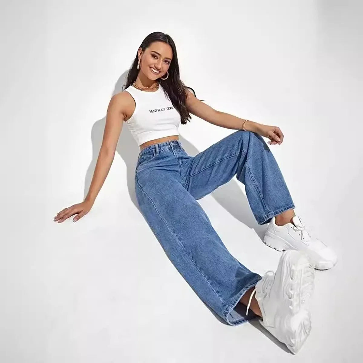 Blue jeans women y2k High street baggy straight pants High waisted all-in-one slim pants