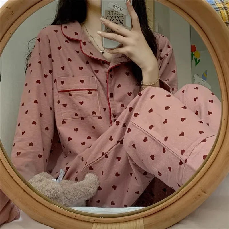 2 Piece Set Large Size Nightwear Women Autumn and Winter Cardigan Homewear Ladies Peach Heart Long Sleeves School Sleepwear