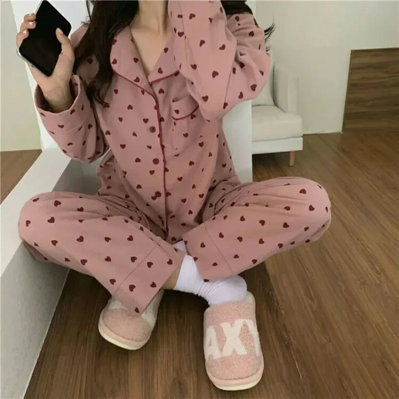 2 Piece Set Large Size Nightwear Women Autumn and Winter Cardigan Homewear Ladies Peach Heart Long Sleeves School Sleepwear