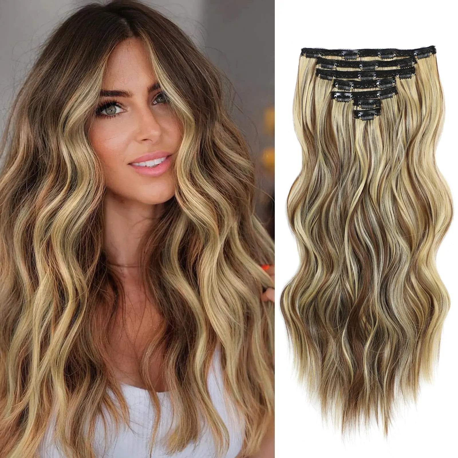 Clip in Hair Extensions 7PCS Brown with Blonde Highlights Long Wavy Curly Hair Extension 20 Inch Natural Synthetic Hair Extension