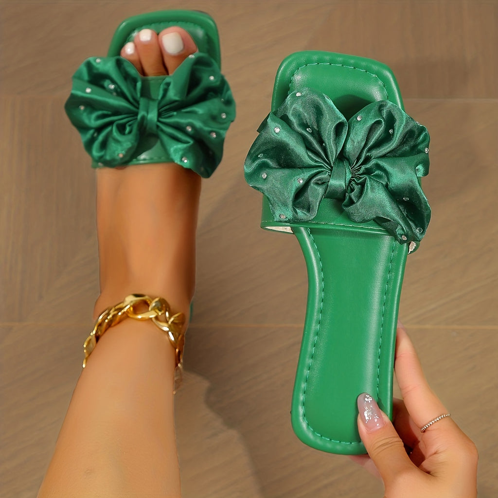 Bowknot Slide Sandals - Solid Color Square Toe