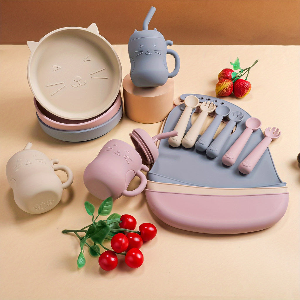 Baby Feeding Set Silicone Feeding Set Shallow Tray Kitten Design Baby Silicone Tablewar