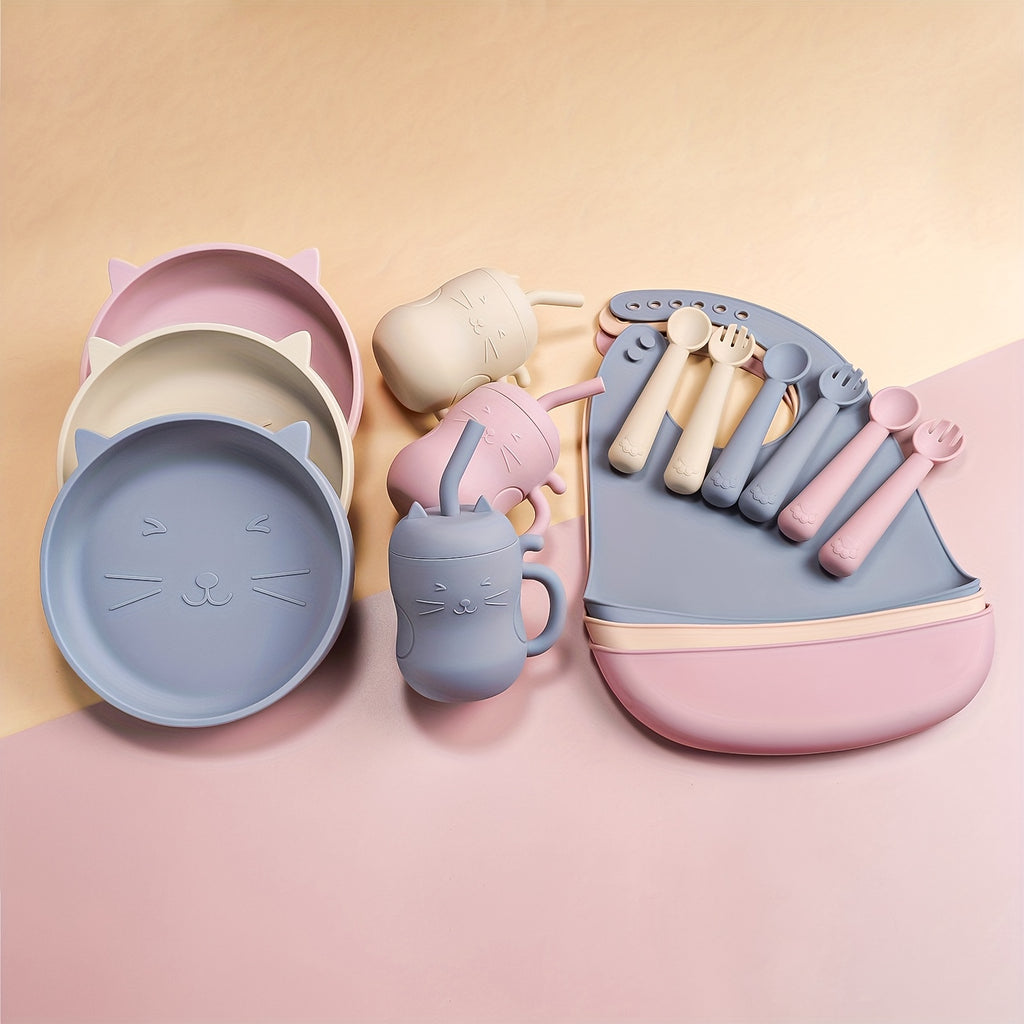 Baby Feeding Set Silicone Feeding Set Shallow Tray Kitten Design Baby Silicone Tablewar