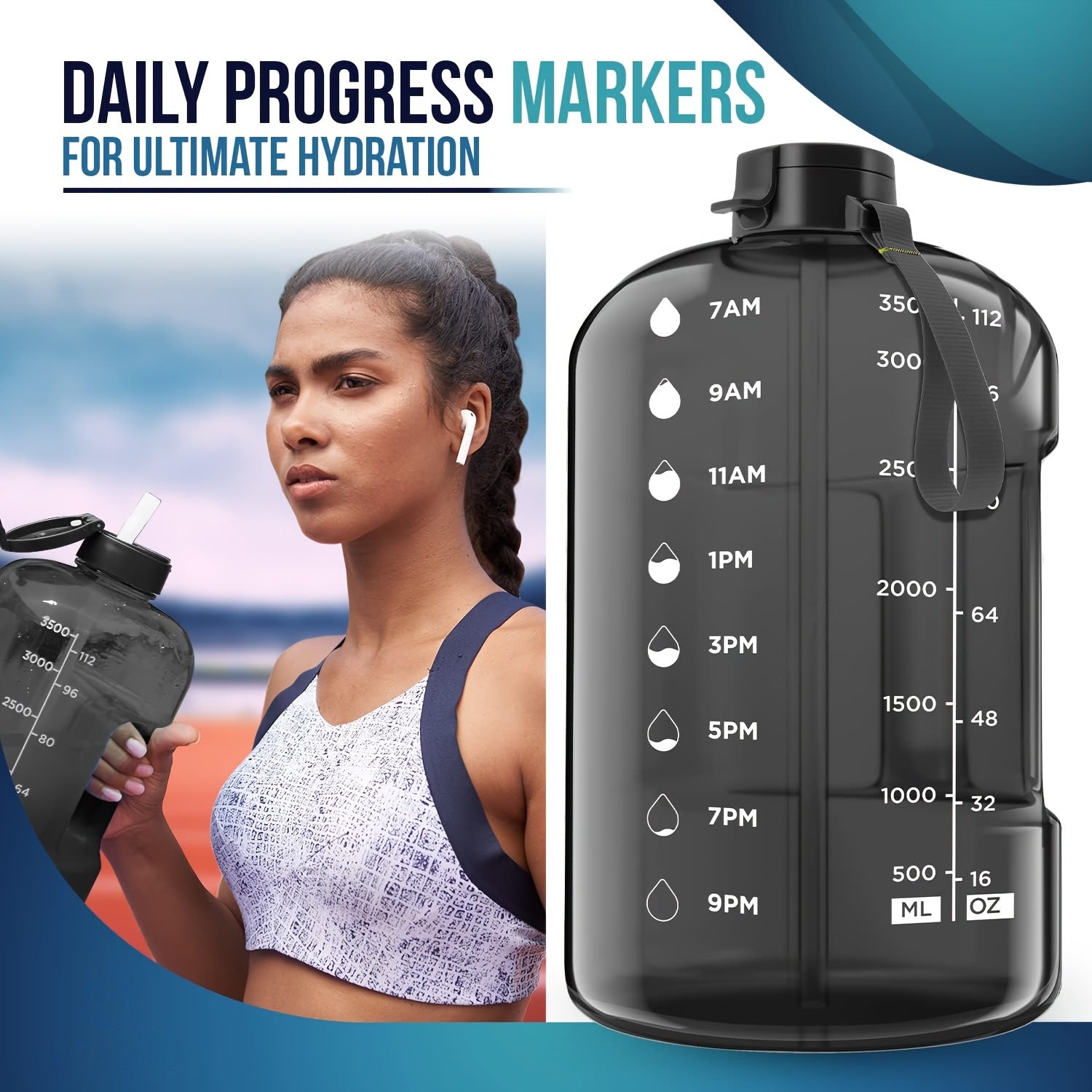 1pc 3.8L/128oz Portable Large Capacity Water Bottle With Time Marker