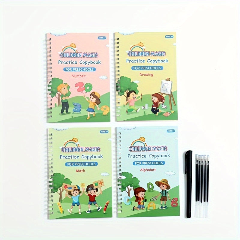 4 Books + 1 Pen + 5 Refills + 1 Pen Holder, Writing Practice Book, Exercise Book, Magic Word Book, Preschool Education Workbook