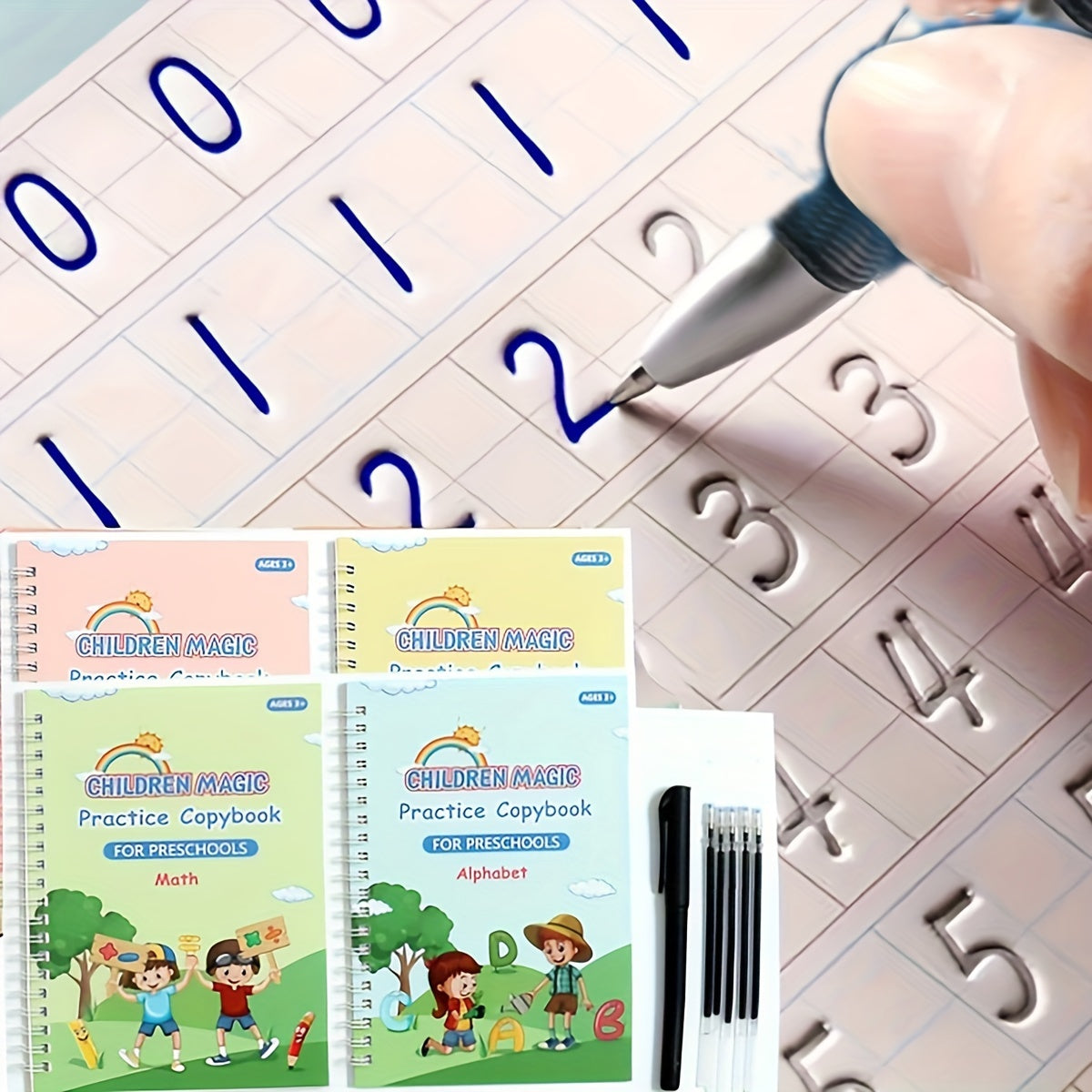 4 Books + 1 Pen + 5 Refills + 1 Pen Holder, Writing Practice Book, Exercise Book, Magic Word Book, Preschool Education Workbook