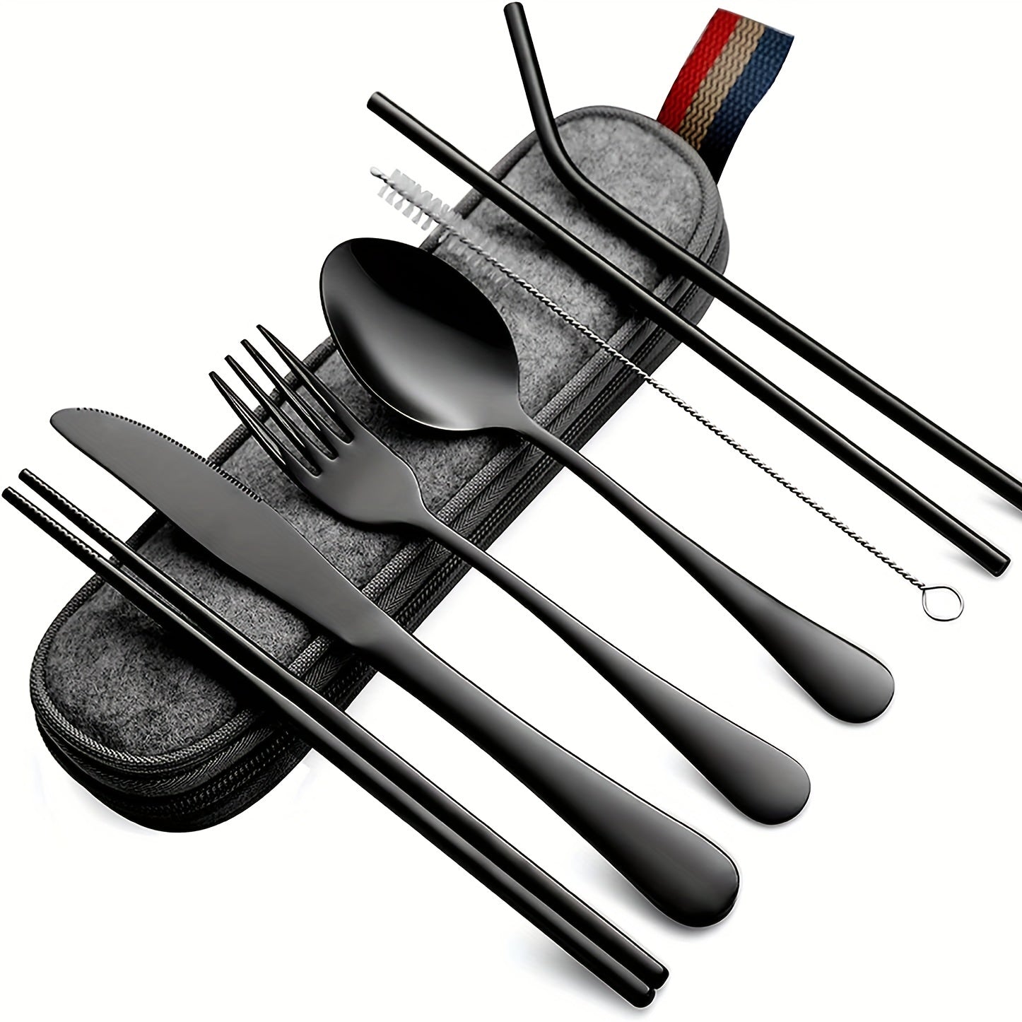 Portable Cutlery Set, 8pcs Travel Camping Utensil Kit with Fork, Spoon, Chopsticks, Cleaning Brush, Straw, and Carrying Case, Stainless Steel Cutlery Set