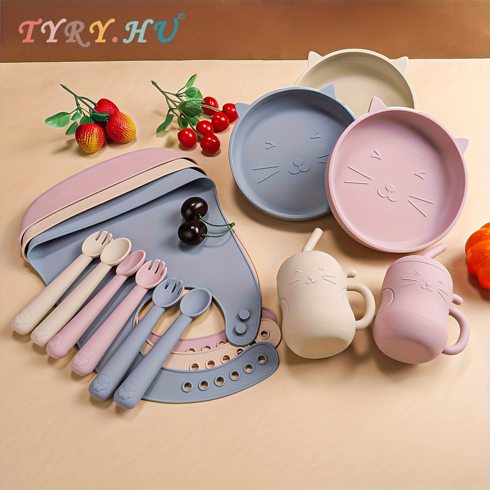Baby Feeding Set Silicone Feeding Set Shallow Tray Kitten Design Baby Silicone Tablewar