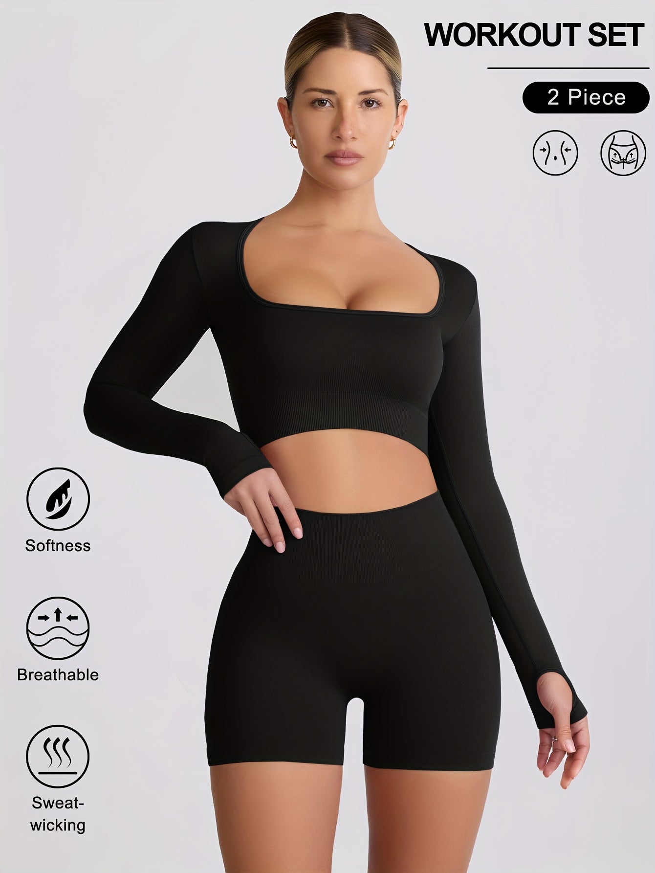 2pcs Women'S Seamless Shapewear Yoga Set Long-sleeved